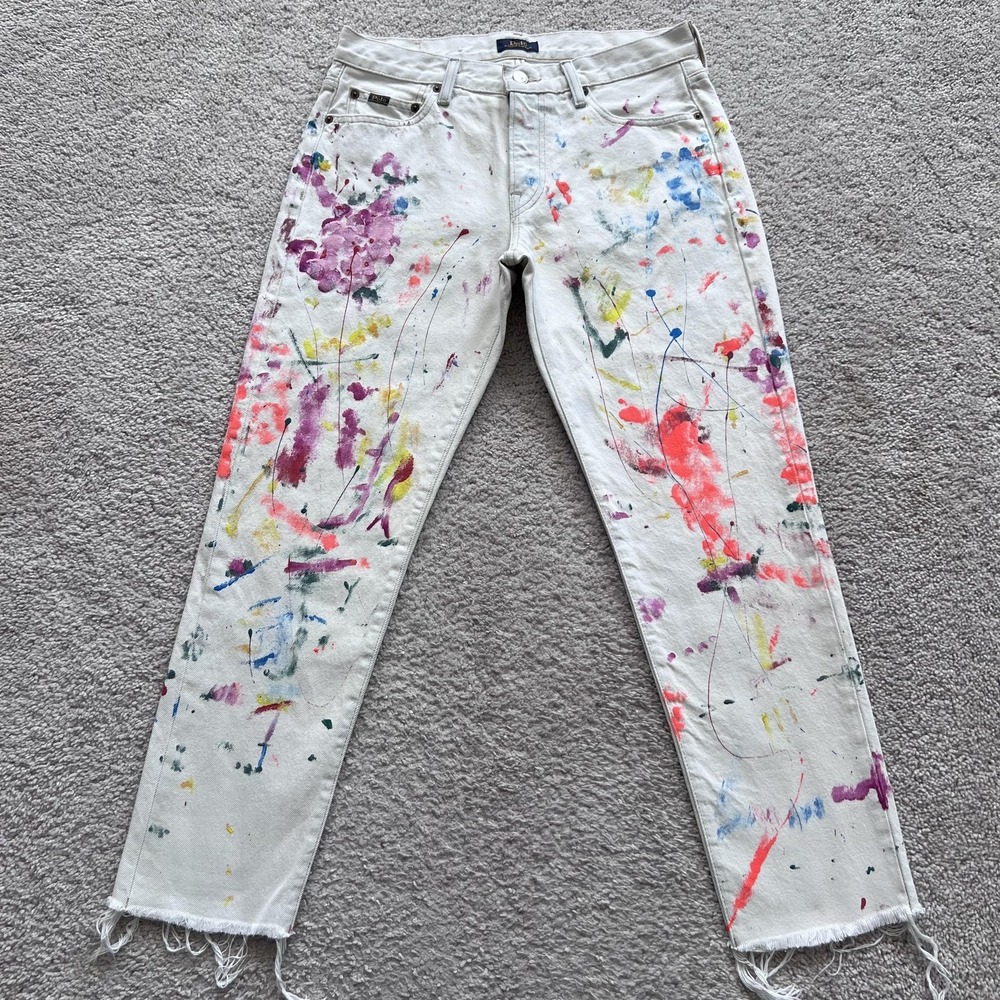 Polo Ralph Lauren Avery Boyfriend Paint Splatter Jeans Womens 27 White Raw Hem